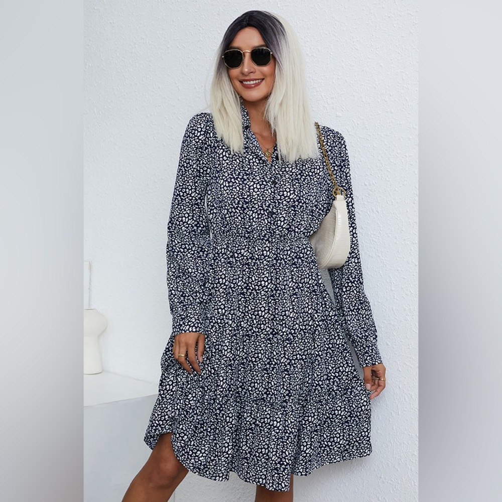 Long Sleeve printed Lapel MIDI Navy Dress size L Beachsissi.